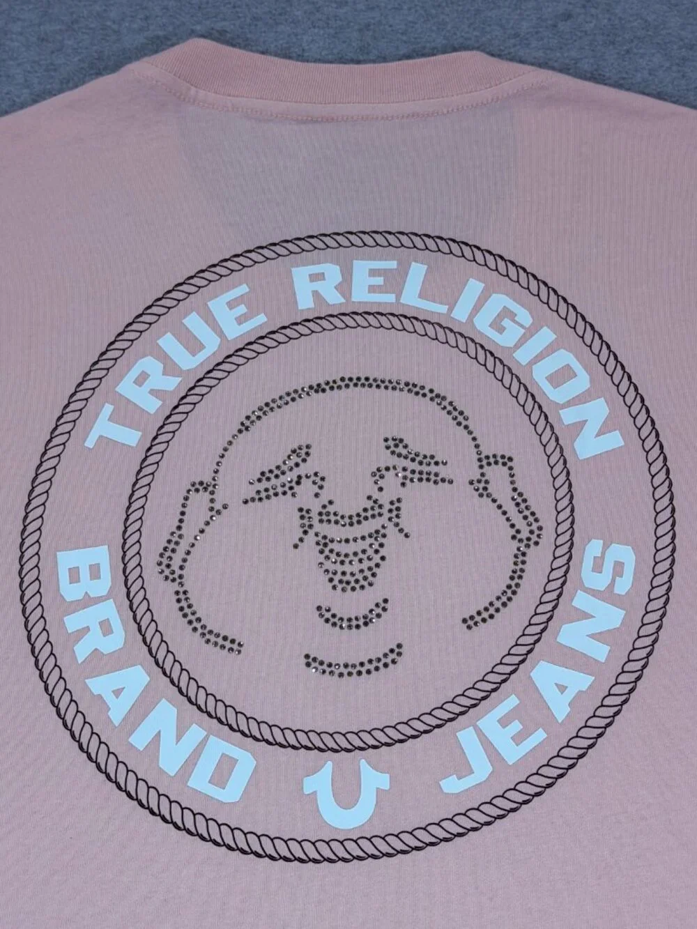 True Religion Crystal Buddha Face Tee Men's XL Sepia Rose Pink Rhinestone NWT